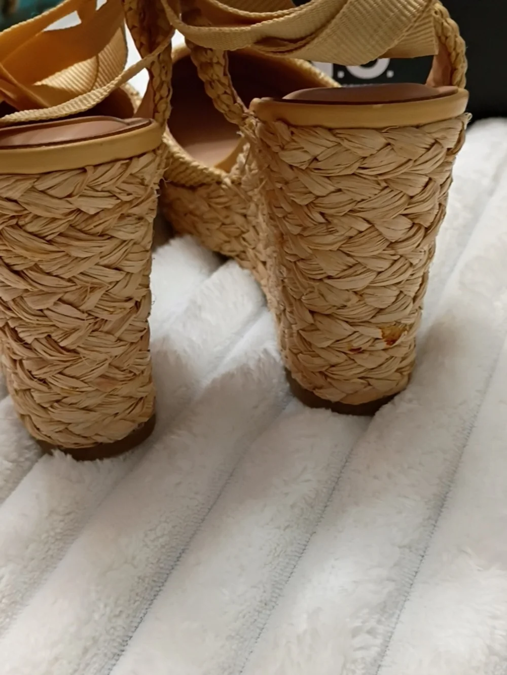 INC International Concepts Tan Woven Espadrille Wedge Sandals with Ankle Ribbon
